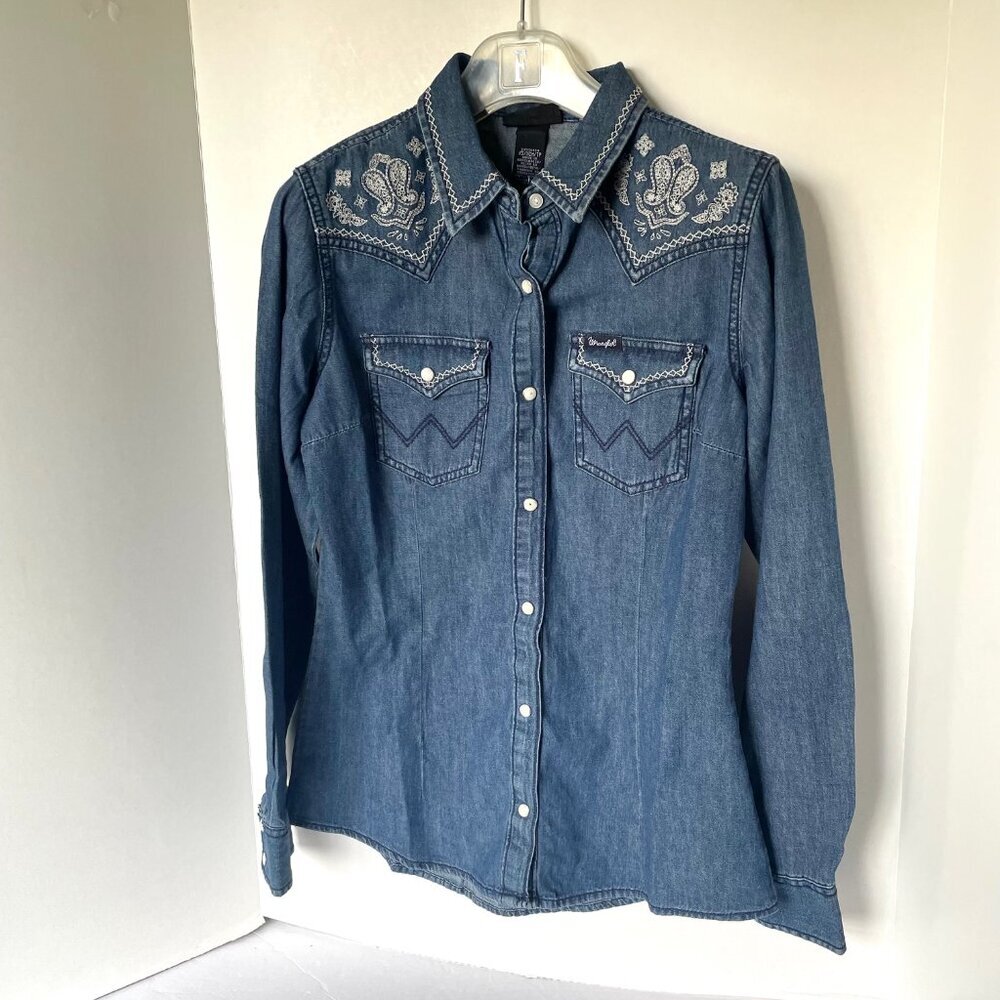 Wrangler Western Denim Shirt Blue Retro Embroidered Womens XS - Picture 5 of 6